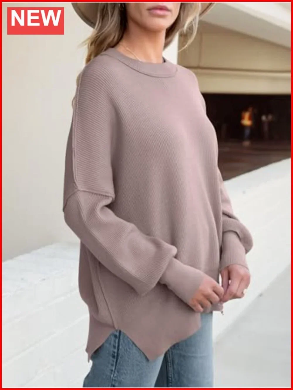 Oversized Chunky Ribbed Knit Pullover Sweater Batwing Sleeve Crewneck